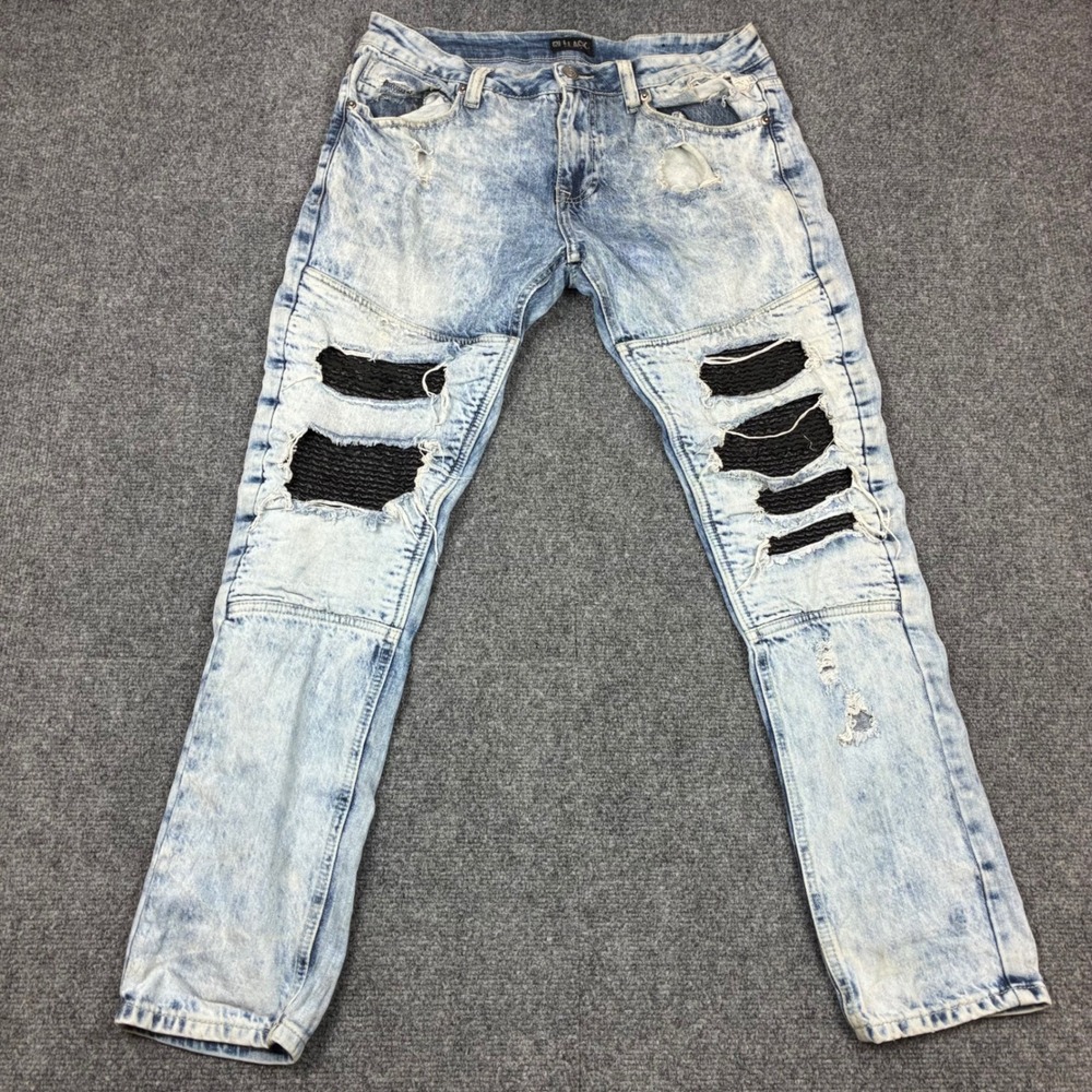 Rude Black Premium Skinny Flex Distressed Moto Jeans Light Acid Wash Size 32x30